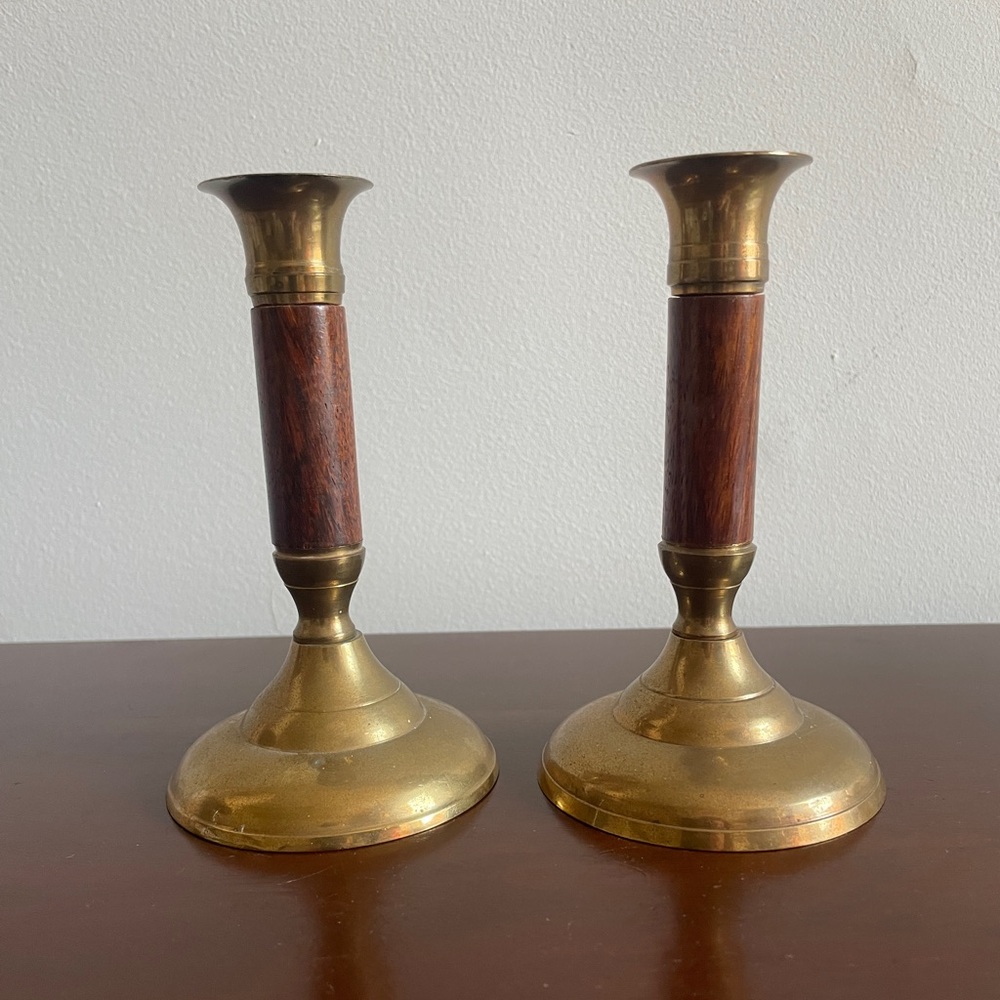 SOLD Vintage Pair MCM Candle Holders Brass & Teak